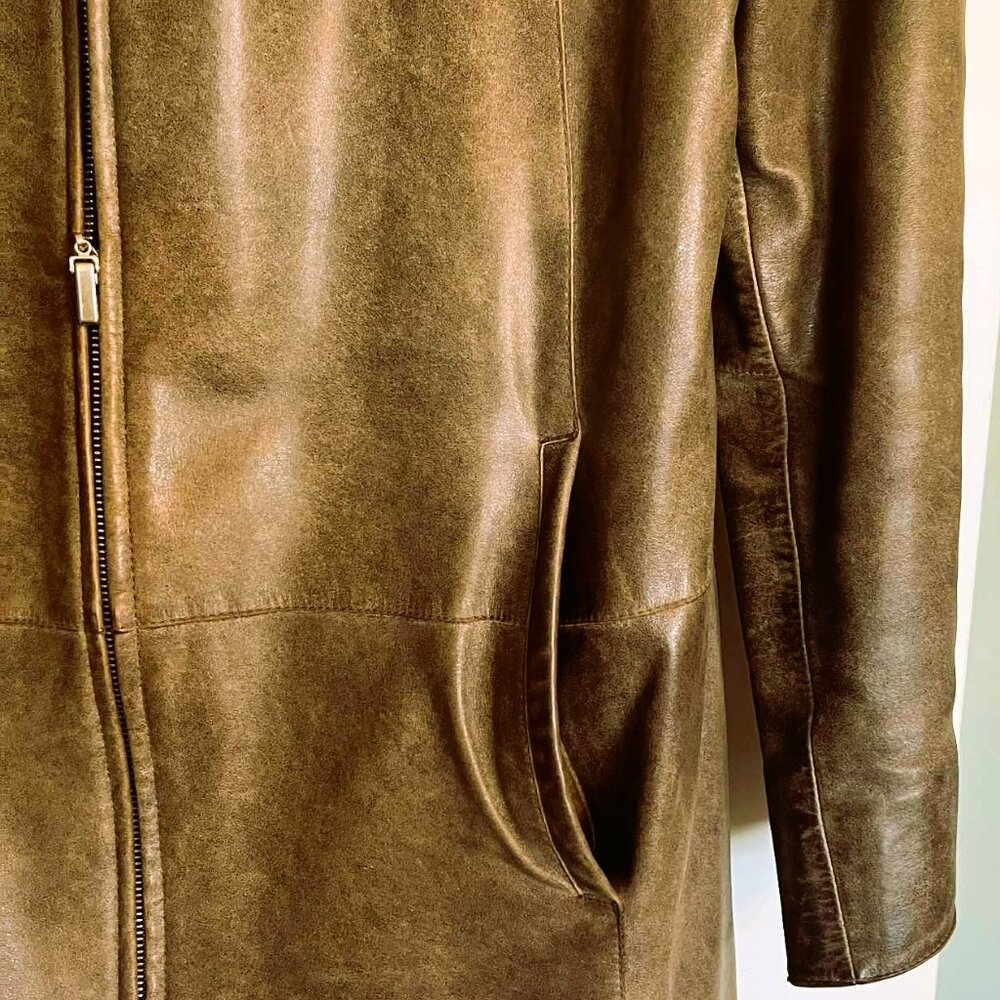 Bison Italian Leather Jacket Khaki Brown Size 52 XL Made in Italy Vintage - Picture 5 of 9